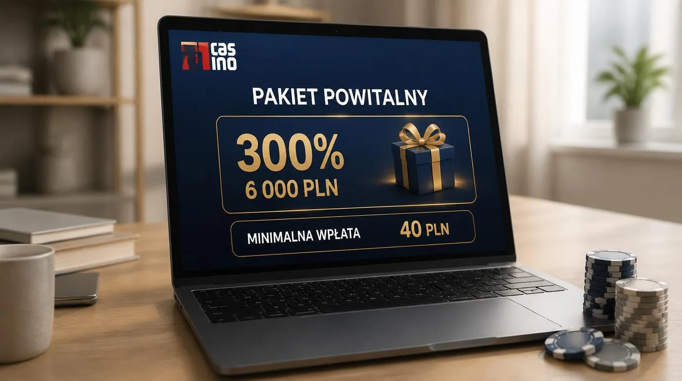 Ekran kasyna z ofertą bonusu 300% do 6 000 PLN i informacją o minimalnej wpłacie 40 PLN