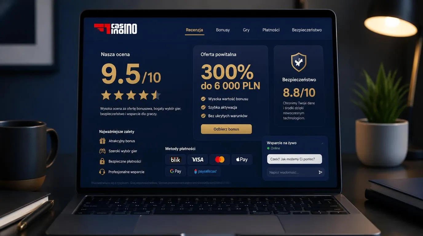 Ekran kasyna z oceną 9,5/10, ofertą powitalną 300% do 6 000 PLN i symbolem bezpieczeństwa