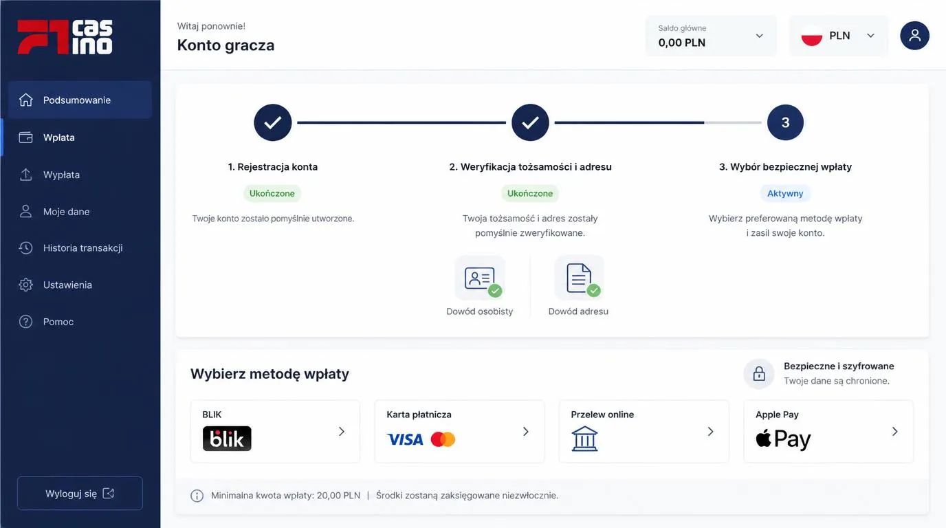 Panel konta z etapami rejestracji, weryfikacji dokumentów i wyboru metody wpłaty
