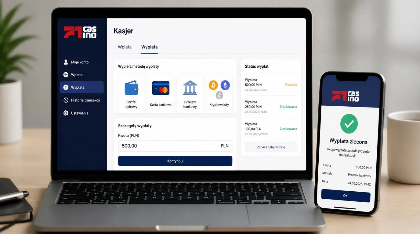 Ekran kasy z wyborem portfela elektronicznego, karty, przelewu i kryptowalut oraz kwotą w PLN